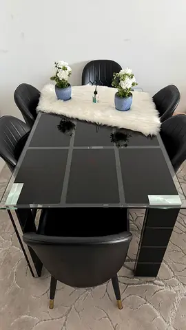 Black glass dining table with 6 black chairs (good condition)