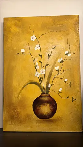Hand-painted canvas painting — yellow vase with white flowers (60 x 90 cm)
