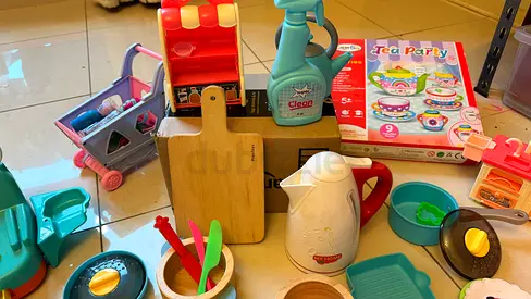 Assorted kids pretend-play kitchen  tea party set — kettle, utensils, play food