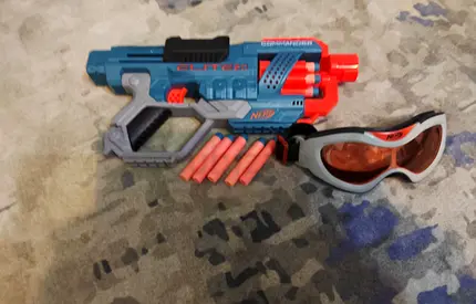 My Nerf-style dart blaster with goggles and extra foam darts