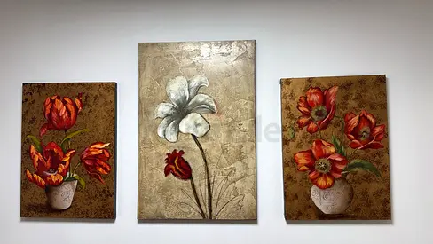 Set of 3 Floral Canvas Wall Art — Beige  Red Flowers (60x90cm and 50x70cm)