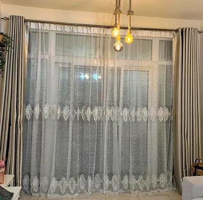 White Lace Sheer Curtains with Grey Drapes - Full Window Set
