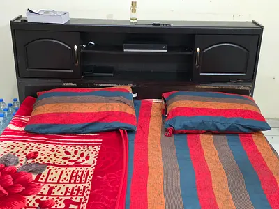 King size bed with storage headboard and mattress (used)