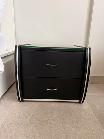Pair of Modern Black Nightstands with Glass Top - 2 Drawers, Good Condition