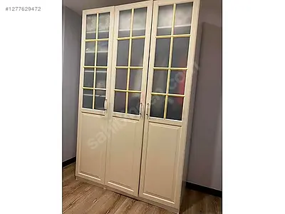 Cream 3-Door Glass-Front Cabinet / Cupboard