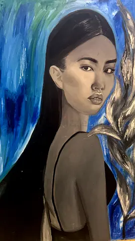 Original painting — Profile of woman with braid (blue background)