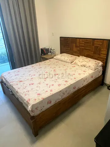 Wooden queen bed with mattress and headboard - good condition