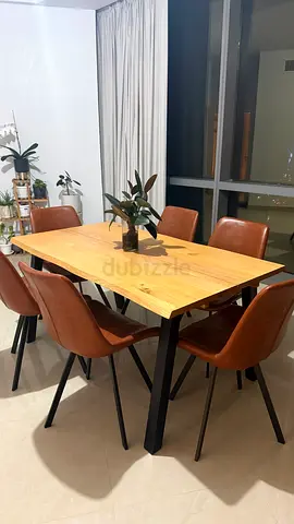 My dining set — solid wood table (natural oak 90x160 cm) with 6 brown faux-leather chairs
