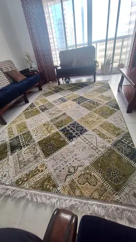 Large green  cream patchwork rug - good condition