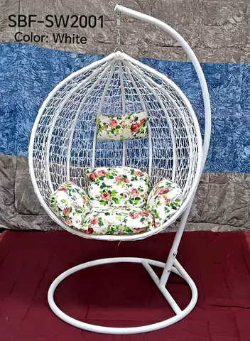 White Hanging Egg Chair with Stand  Floral Cushions