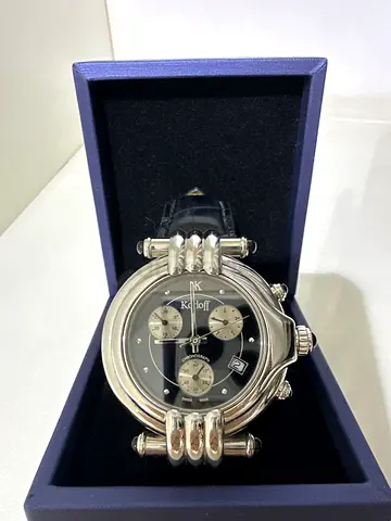 Pre-owned unisex chronograph watch black dial, leather strap with black sapphire and water resistant