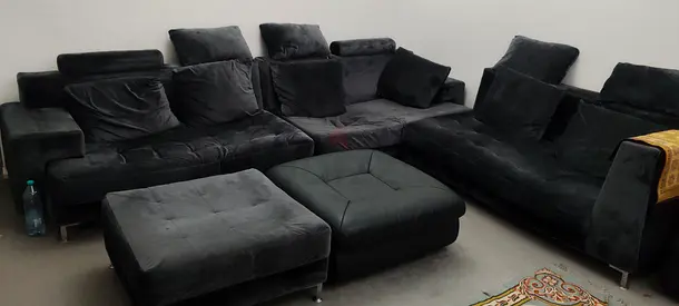 Black Velvet Modular Sectional Sofa with Ottomans - Good Condition
