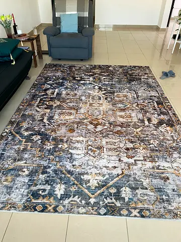Large Grey-Blue Distressed Medallion Area Rug