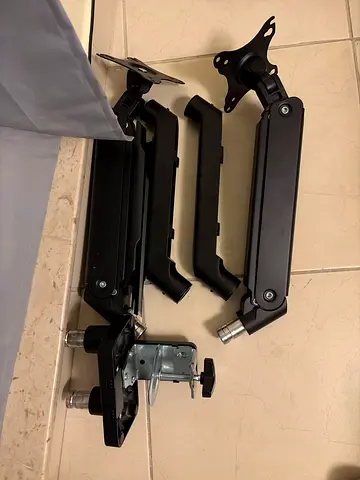 Adjustable dual monitor desk mount arm with clamp and VESA plates - good condition