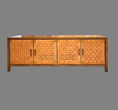 My solid wood woven-panel TV cabinet — 4-door media console