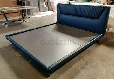 Blue Upholstered Platform Bed Frame with Padded Headboard