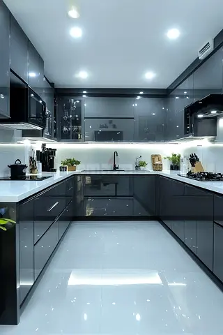 My modern glossy grey kitchen cabinets - full wall set