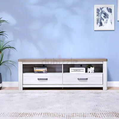 Wood  White Low TV Stand — 2 Drawers with Open Shelves