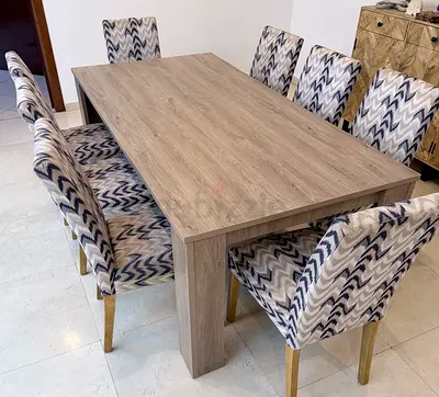 8-Seater Wood-Effect Dining Table with Chevron Upholstered Chairs