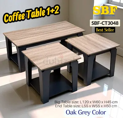 Oak Grey Coffee Table Set (1 Large + 2 Side Tables)