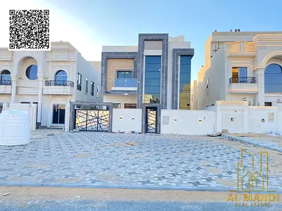 Villa for sale in Al Zahiyah, Ajman. Modern design, ground floor, first floor, and roof (5 master bedrooms, majlis, living room, and maid's room).