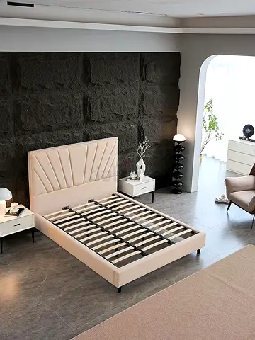 Light pink linen upholstered double platform bed