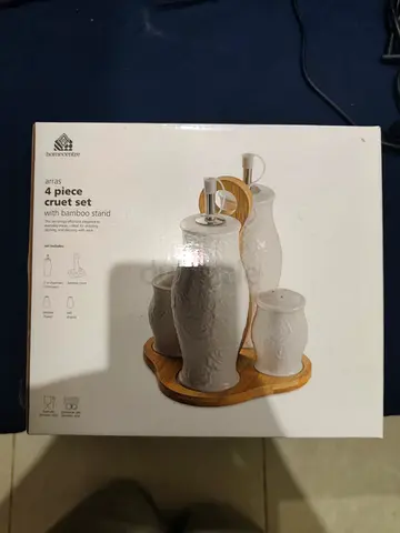 Elegant 4-Piece White Cruet Set with Bamboo Stand