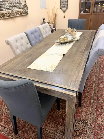 Wooden Dining Table with 8 Upholstered Chairs (Used, Good Condition)