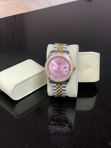 Elegant Womens Watch with Pink Dial and Crystal Accents