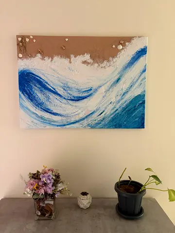 Blue wave beach canvas wall art - handmade
