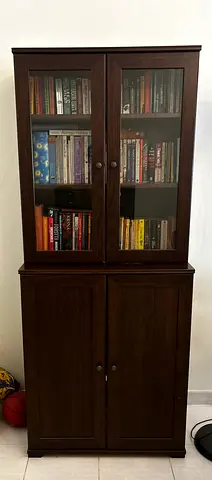 Dark brown wooden bar cabinet/bookcase with glass doors, 4 shelves