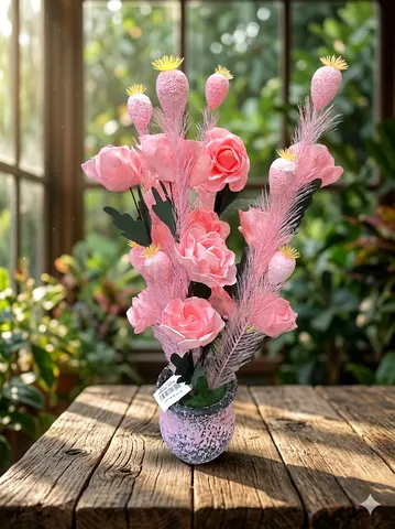 Pink artificial rose arrangement in decorative vase