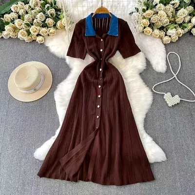 midi dress with denim collar