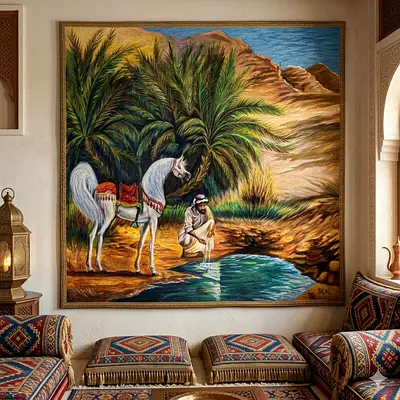 Vintage Arabian Landscape Painting with Horse