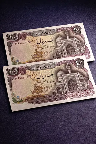 Pair of vintage 100 Rial Iranian banknotes