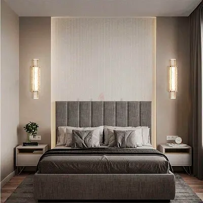 My modern grey upholstered bed with tall padded headboard