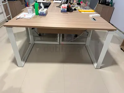 My large oak-effect office desk with white metal legs