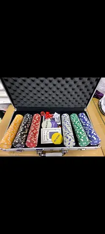 Poker chip set in aluminum case with cards, dice  dealer button