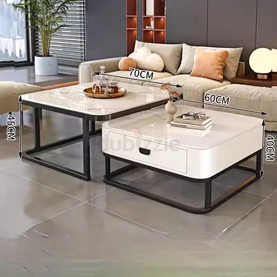 Set of 2 Modern White Coffee Tables with Black Metal Base (70x45  60x40 cm)