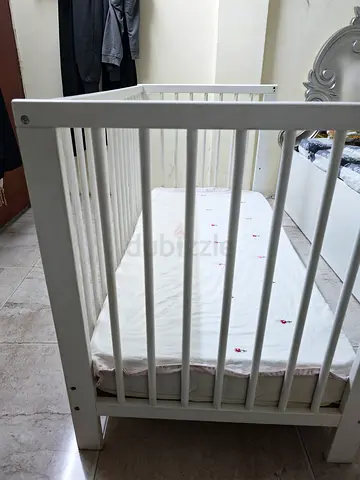 White Wooden Baby Crib with Mattress - Good Condition