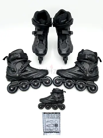 Black inline rollerblades set — two adult pairs