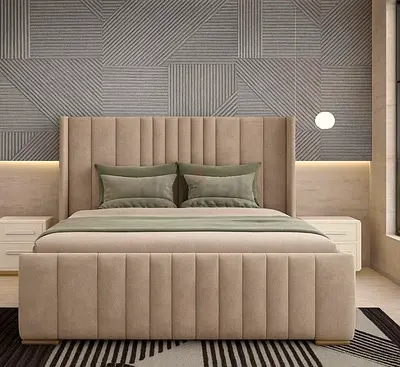 My beige upholstered bed frame with tall channel headboard
