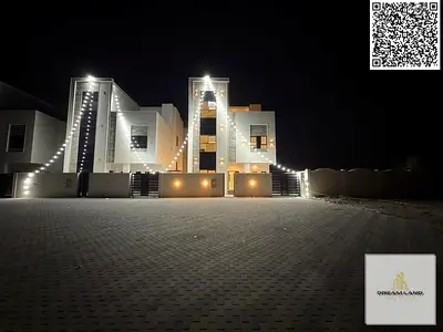 Modern European-style villa for sale in Al Helio area, Ajman. Excellent location opposite the mosque. Two floors plus a rooftop terrace. Registration