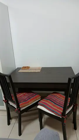 Compact dark wood 4-seater dining table with 2 chairs  1 bench