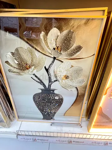 Framed 3D Floral Wall Art – White Flowers  Silver Vase