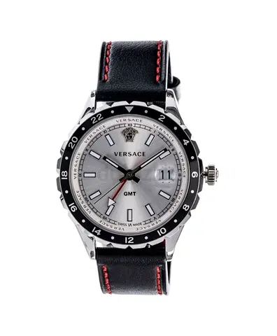 Versace GMT mens watch — silver dial with black leather strap