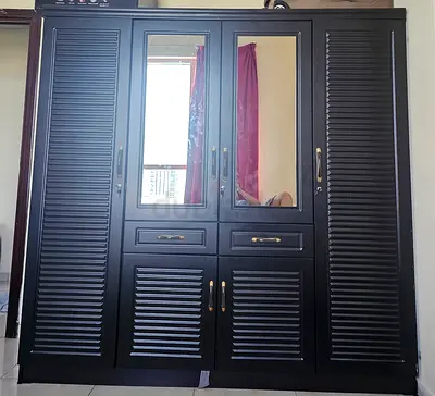 Stylish Black Wardrobe with Mirror and Louvered Doors