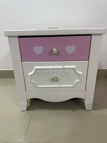 White nursery dresser/nightstand with 2 drawers and pink heart detail