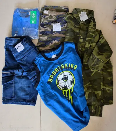 Boys clothing bundle — camo jacket  pants, soccer tee, jeans  shorts