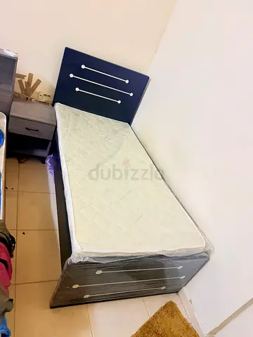 Single Wooden Bed Frame with Mattress and Nightstan